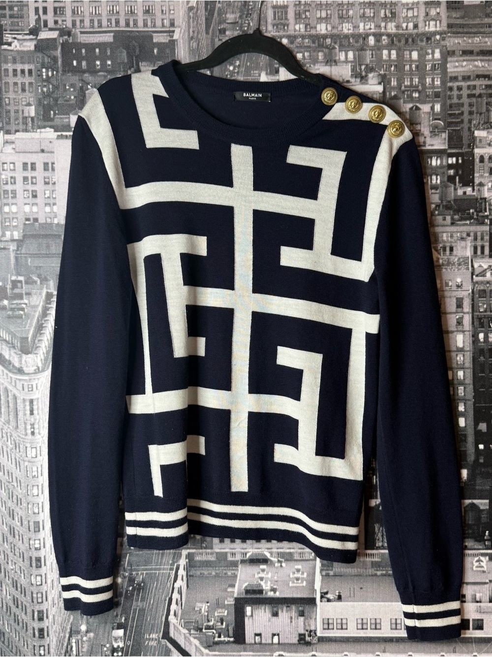 Authenticated Balmain Paris Merino Wool Monogram Sweater Gold Lion Buttons IT 44